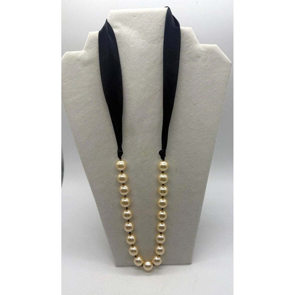 White Faux Pearl Beaded Necklace Black Ribbon Tie Womens Statement Jewelry